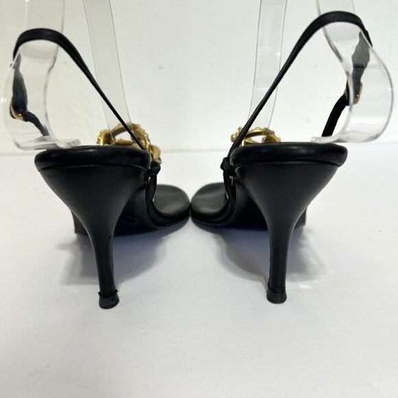 Chanel Sz 36 Black Leather Slingback Heels With Gold Chain Rhinestone Detail - Picture 9 of 14